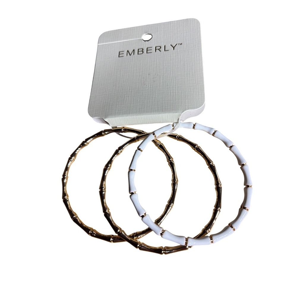 Emberly Gold & White Toned Bamboo-Style Bangle Bracelet Trio GIFT NEW